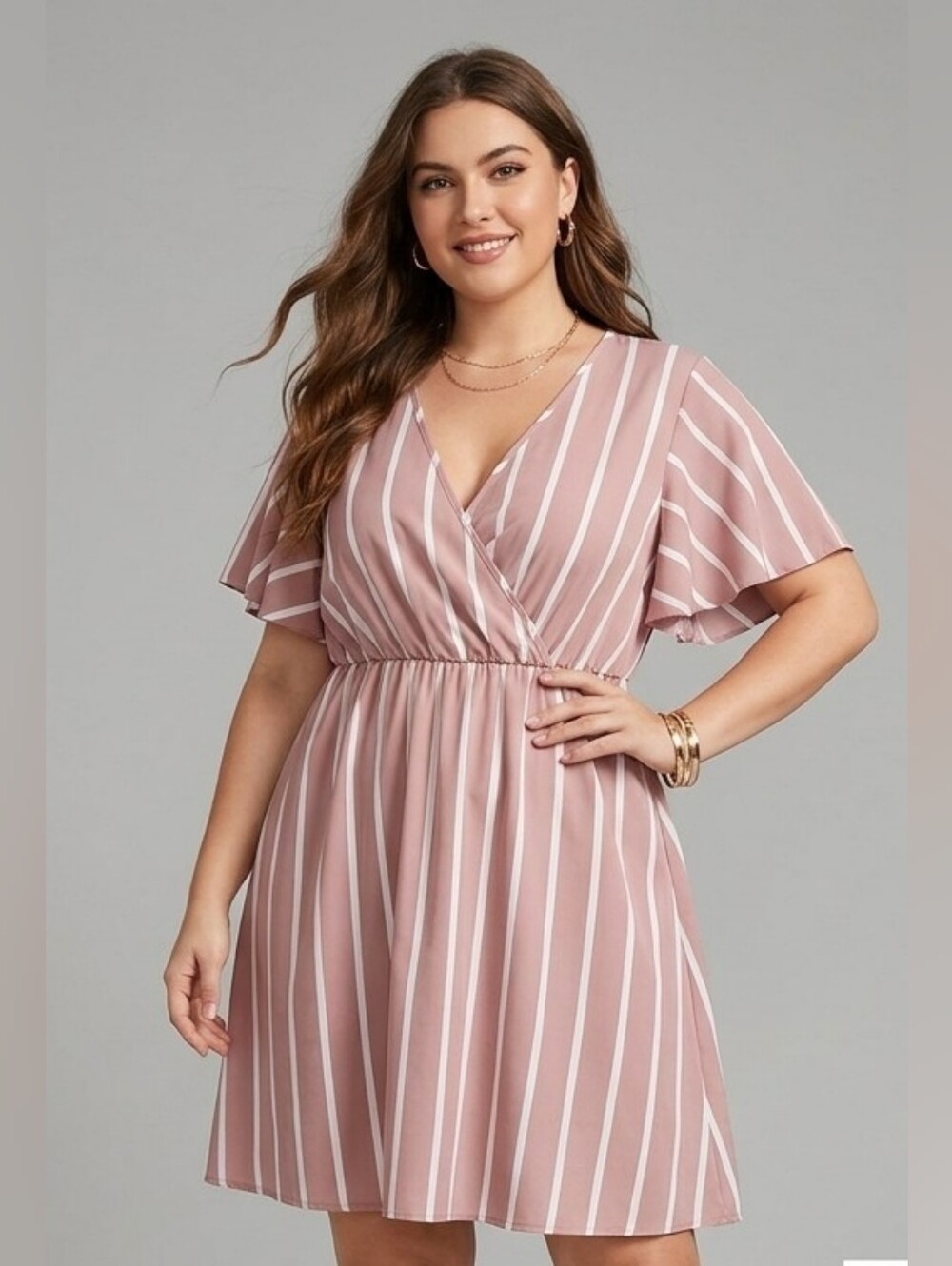 SHEIN Curve Vertical Stripe Faux Wrap Dress Plus Size 1XL Dusty Rose Pink White